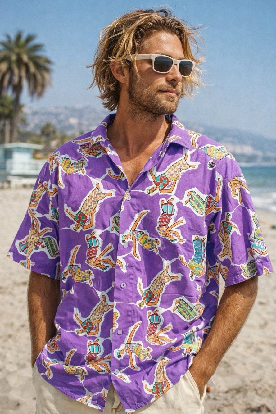 Jams World SURF LINE 90’s VTG Cotton Rare Print Hawaiian SHIRT Purple Dancer M/L
